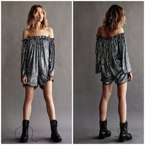 Free People Emilia Sequin Off Shoulder Romper in  Gunmetal Silver NWT Small